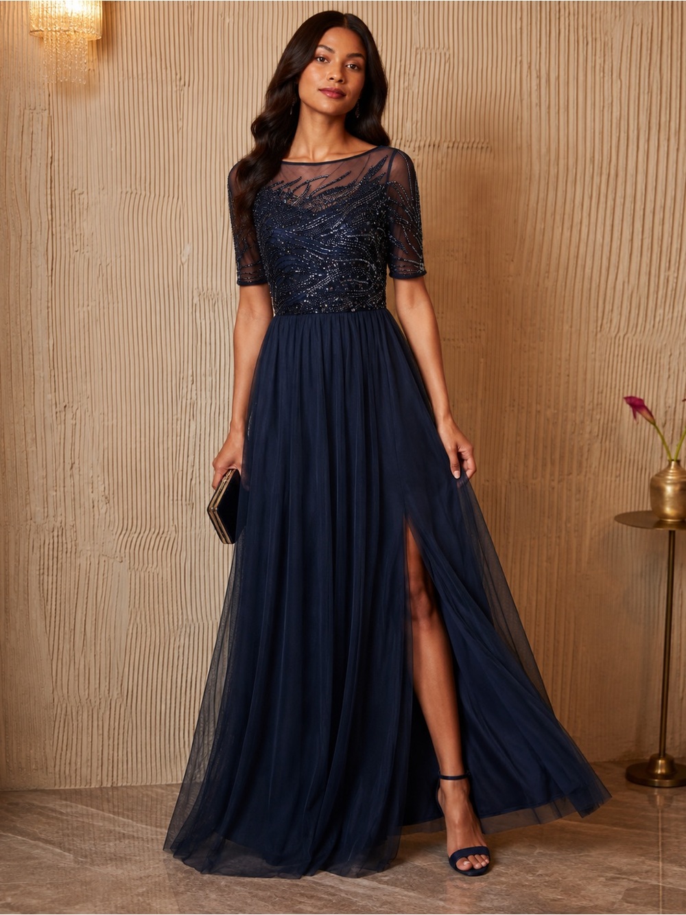 Adrianna Papell navy beaded formal dress size 2 wedding formal sequins HEMMED